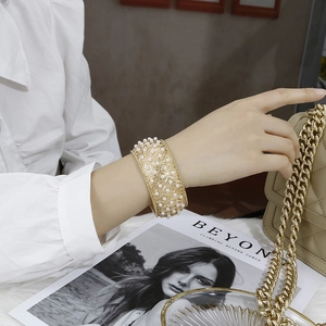 Golden mesh wide cuff bracelet with pearl inlay and vintage honeycomb hollow design