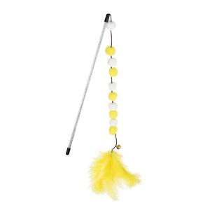 Interactive cat wand toy with colorful fur balls, feathers and bells on a long pole