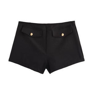 Women's black low-rise hot pants with decorative gold metal buttons and front pockets