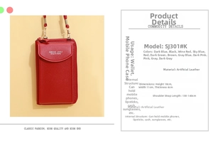 Detail view of red faux leather phone bag showing 18x11x4cm dimensions and golden zipper