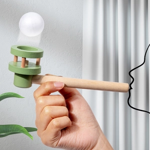 Wooden floating ball toy showing airflow suspension mechanism with foam ball and pipe