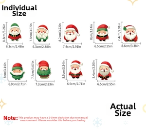 Detailed size chart showing nine Christmas gnome wall decals with specific dimensions