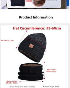 Détail du bonnet en maille noire et tour de cou avec doublure polaire marron épaisse