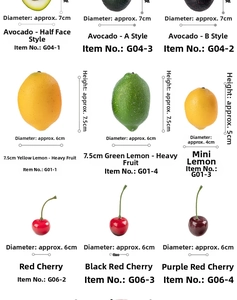 Detailed sizes of realistic artificial avocado, lemon, and cherry models for decoration