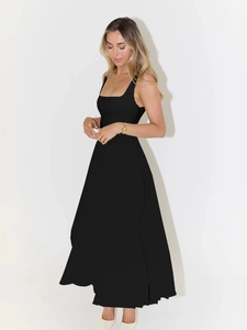 Full-length view of a black sleeveless square neck maxi dress with a flared A-line silhouette