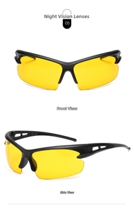 Front and side views of cycling night vision glasses with yellow lenses and black frame