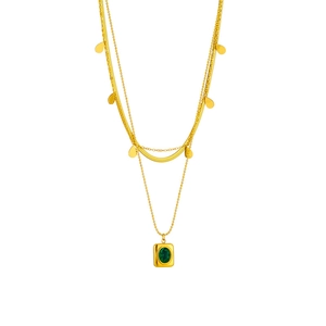 French retro emerald layered titanium steel necklace in gold finish with square pendant