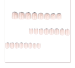 Detail view of 24pcs short square fake nails with pink base and silver French tips