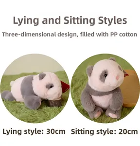 Detail showing soft plush panda toy with PP cotton filling in sitting and lying poses