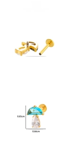 Macro view of mushroom-shaped gold titanium stud with blue and clear zircon stones