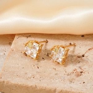 Elegant geometric square copper stud earrings with sparkling cubic zirconia on stone base