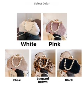 Detailed grid view showing faux fur shell bags in white, pink, khaki, leopard, and black