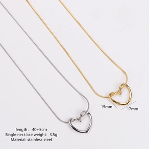 Gold and silver hollow heart necklaces in stainless steel with dimension and weight details