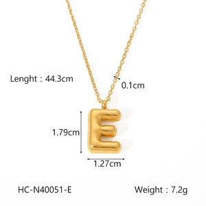 Detailed dimensions of gold stainless steel necklace with bubble letter E pendant