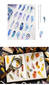 Detail of semi-transparent feather PET stickers used for vintage journal decoration