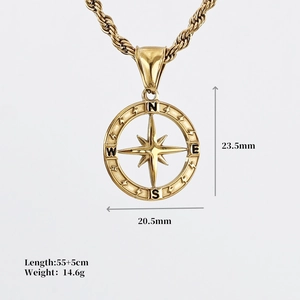 Detailed view of gold compass pendant dimensions showing size 23.5mm x 20.5mm and 60cm chain