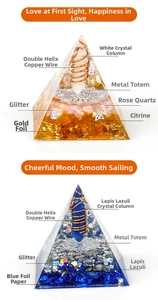 Detailed layers of natural crystal resin pyramid with gold foil and metal spiral coils
