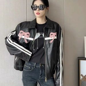 Veste En Similicuir Pour Femmes Broderie Nœud Fermeture Éclair Manches Longues Vêtements D'extérieur Style Moto