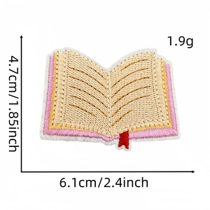 Embroidered book patch with pink and red details, size 4.7cm x 6.1cm, for clothing decor