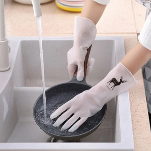 Waterproof translucent cleaning gloves with deer pattern used for washing pans in kitchen