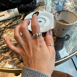 Chic 925 sterling silver oval rings set featuring bubble and minimalist wavy designs