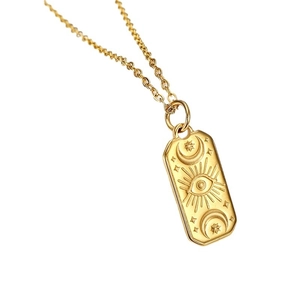 Vintage gold titanium steel rectangle necklace with sun moon and star celestial reliefs