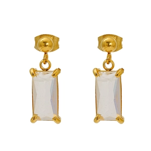 Detail of gold geometric earrings with rectangular clear zircon in four-prong setting