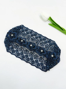 Detailed navy lace headband featuring floral patterns with rhinestones and bead accents