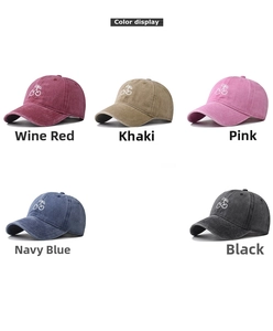 Color display of washed cotton baseball caps with cherry embroidery in various vintage tones