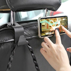 Black car seat headrest hook with phone holder function for bags and smartphones