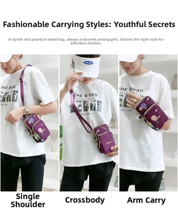 Purple nylon phone bag shown in three modes: crossbody, shoulder, and armband style
