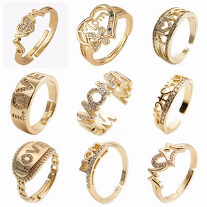 Adjustable Open Ring Copper Gold Plated Cubic Zirconia Hollow MOM LOVE Heart Butterfly Mother Day Jewelry Gift For Women