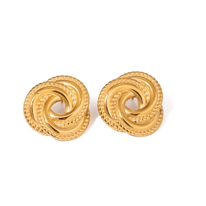 Golden spiral textured earrings in stainless steel with a vintage geometric stud design