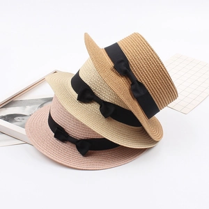 Retro bow flat top straw hat summer sun protection beach hat elegant women sunhats
