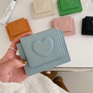 Womens Small Wallet PU Leather Heart Embossed Trifold Card Holder Macaron Color Sweet Korean Style Purse