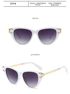 Cat eye sunglasses detail with white frame and gold metal accents on gradient lenses