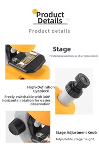 Detail view of the educational microscope with 360 degree rotating eyepiece and stage