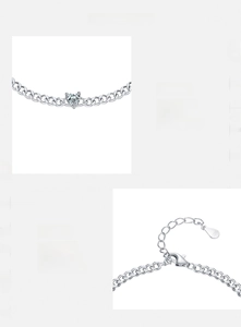 Macro detail of S925 silver bracelet showing heart-shaped 5A zircon and lobster clasp