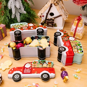 Christmas truck tin box set for candy and cookies in festive red and green colors