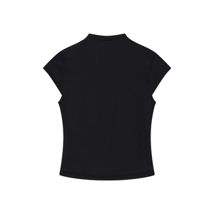 Detailed back view of a black slim-fit high-stretch T-shirt with precise seam stitching
