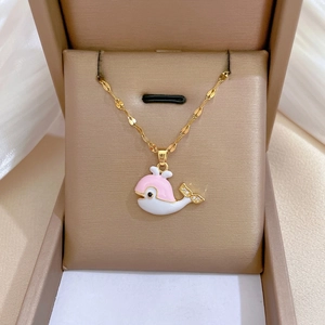 Whale Pendant Necklace Stainless Steel Chain Enamel Zircon Inlaid Elegant Clavicle Chain For Women Girls