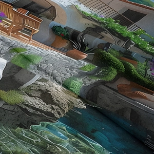 Detail of high-density Mediterranean landscape print fabric with fine texture and folds