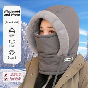 Three-in-one gray faux fur hat with integrated mask and scarf for winter warmth
