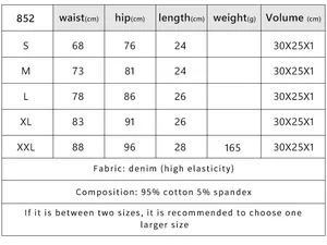 Detaillierte Größentabelle für High-Stretch-Jeans-Shorts mit Taillen- und Hüftmaßen