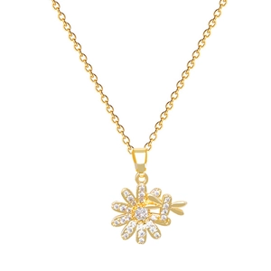 Elegant gold titanium steel necklace with sparkling crystal daisy and dragonfly pendant