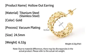 Detailed specs of gold hollow hoop earrings made of durable titanium stainless steel