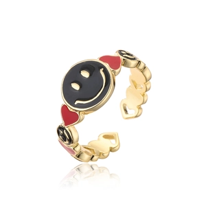 Adjustable gold plated ring featuring black smiley face and red heart enamel charms