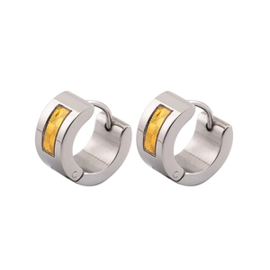 Hip-hop style stainless steel hoop earrings for men with yellow plaid pattern inlay