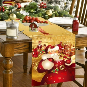 Polyester Christmas Table Runner Golden Santa Claus And Nutcracker Print For Holiday Party Dining Room Decor