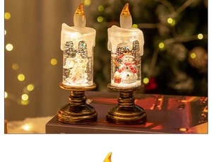 Detail of LED Christmas candle snow globes with snowman and angel inside on bronze base